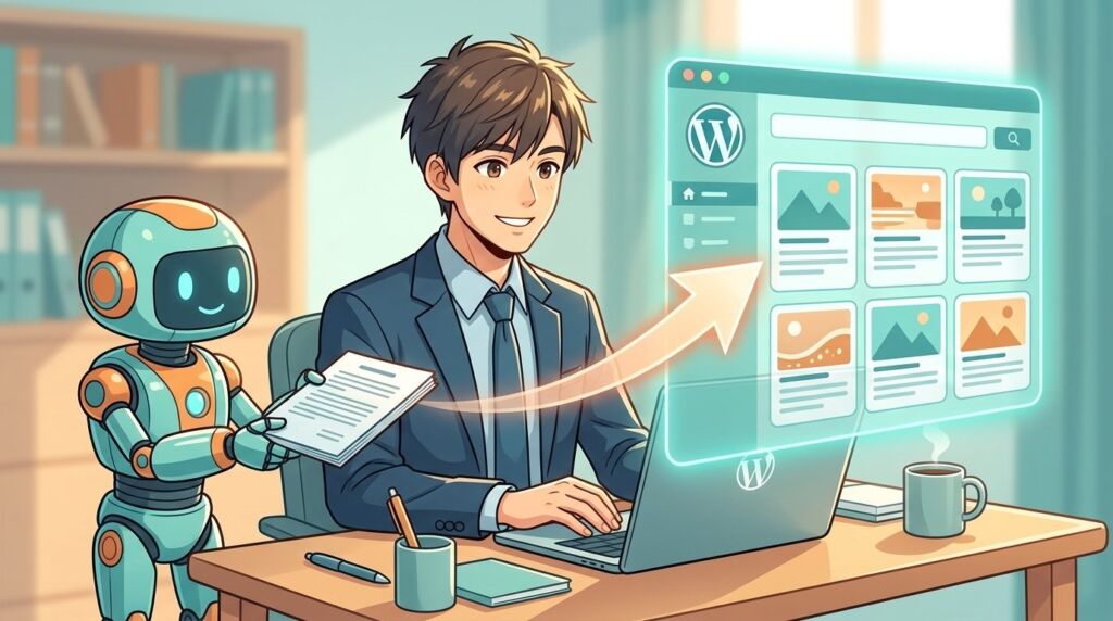 Claude CodeでWordPressに記事を自動投稿するイメージのイラスト