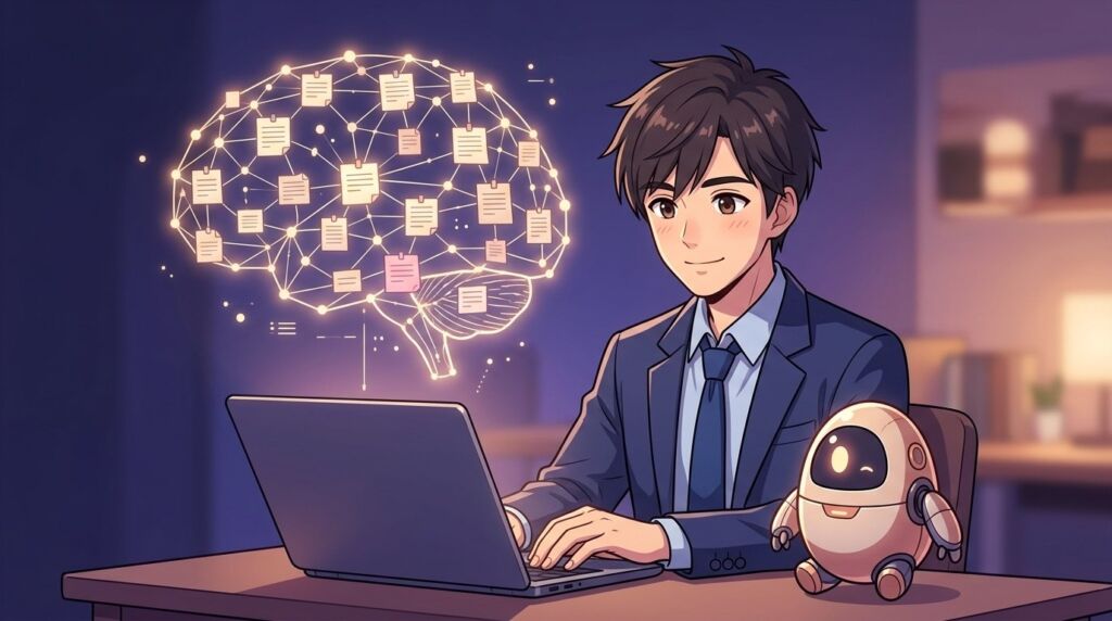 第二の脳をObsidianで作るイメージ。付箋がつながった脳とAIロボット